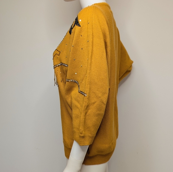 Vintage 80s Mustard Yellow Beaded Embellished Funky Bat Wing Sleeve Sweater - Picture 7 of 8